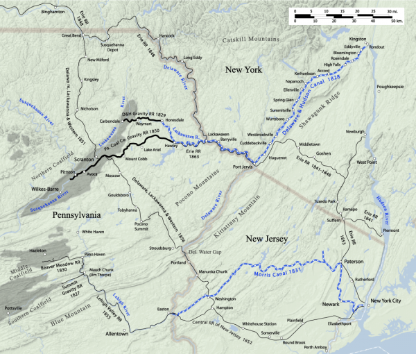 A recent map that shows the routes of both the Delaware and Hudson Canal and the Morris Canal, circa 1865. 