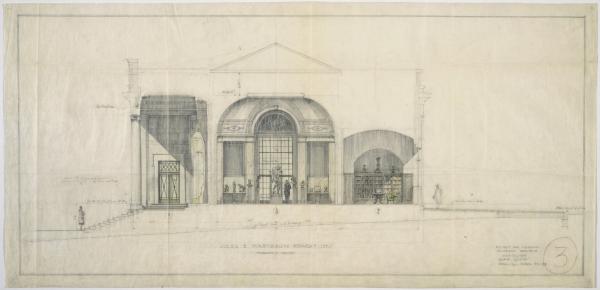 A pencil sketch architectural drawing of the Jules E. Mastbaum Foundation, Transverse section 