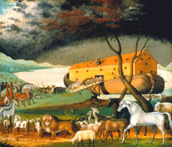 Oil on canvas of animals walking two by two, in a line to enter Noah's ark. Storm clouds loom overhead.