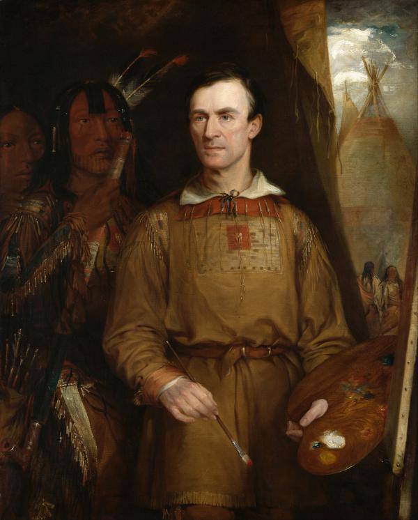 A portrait of George Catlin, in frontier attire, with paint brush and palette in hand. His painting of the black foot warrior Iron Horn and of The Woman Who Strikes Many, which can be seen behind him. 