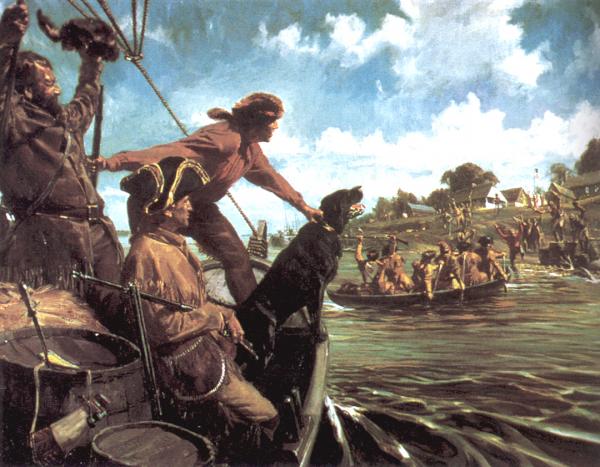 A painting of the return of the Corps of Discovery, showing the surprise of the townspeople, who had given up hope that they had survived.