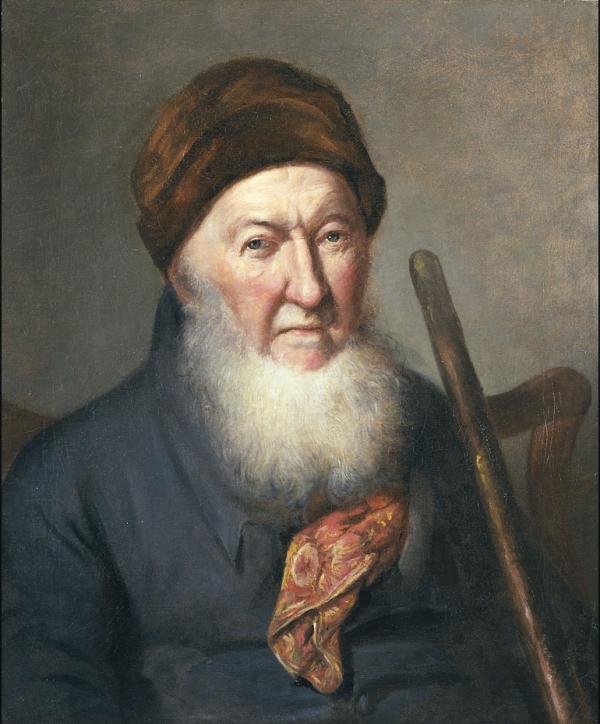 Oil on canvas of Timothy Matlack with a long white beard and wearing a turban. A cane leans on his shoulder. 