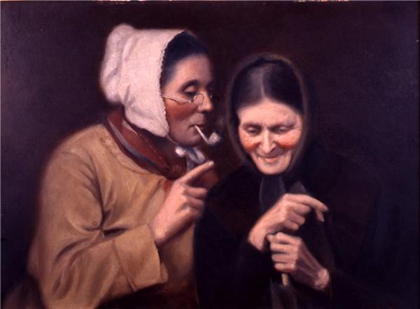Spectacles on nose, a white bonnet, and a pipe add character to an aging woman as she leans into whisper the latest gossips to her darkly clothed, attentive friend. Oil on canvas
