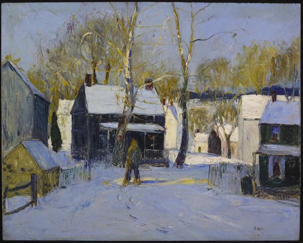 A snowy winter scene is the setting for this oil on composition board. 