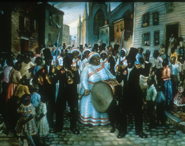 Oil on canvas of a street scene depicting African-American male and female musicians playing music in the street. An audience of children, men, and women are gathered around them. 