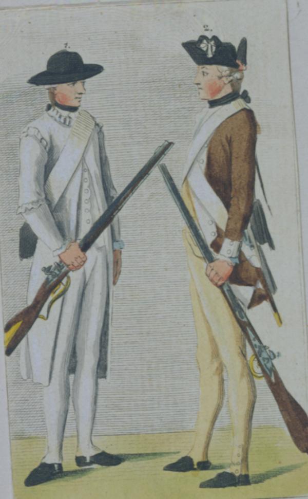 German colored engraving of American sharpshooter and Pennsylvania infantryman