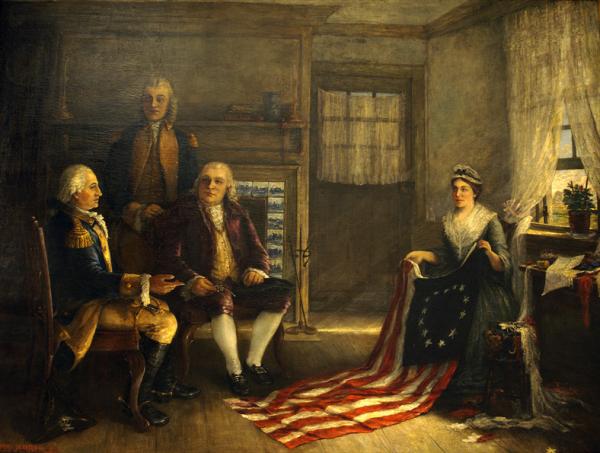 Betsy Ross presents the flag to George Washington, Colonel George Ross, and the Honorable Robert Morris. Washington sits in a chair to the left, Morris sits to his right, and Colonel Ross stands.  Betsy Ross, sits holding the flag for display, as it spreads across her lap and across the floor. 