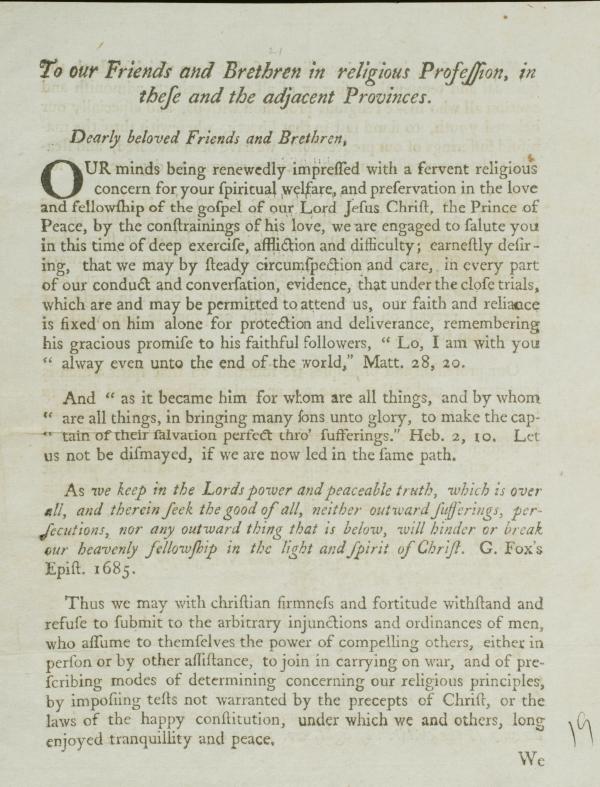 "To Our Friends and Brethren."  Broadside page 1