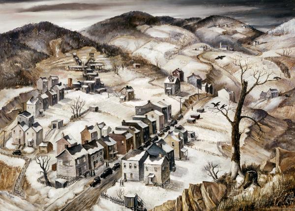 A bleak winter scene of a mining town.