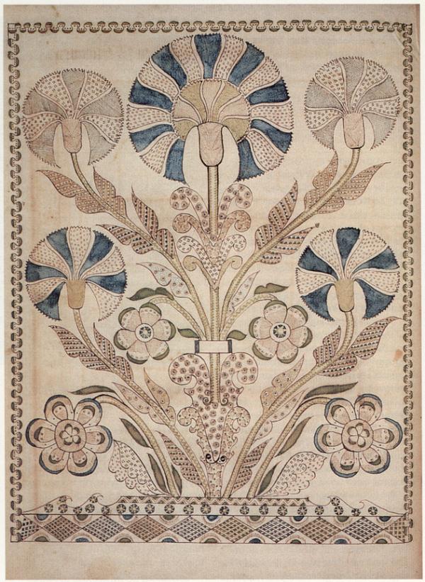 An delicate illustration of flowers in pale blues and greens, surrounded by an decorative border.