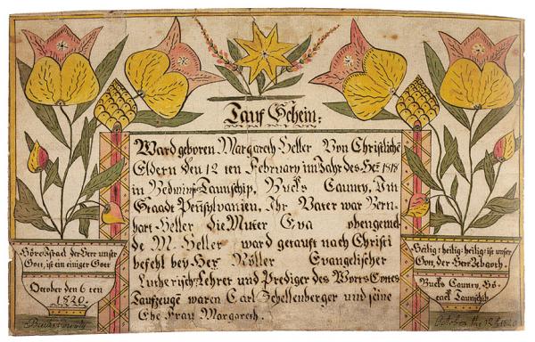 A blessing written in formal German is surrounded by a colorful border of tulips in reds and yellows.