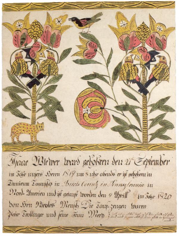 Ornate German text runs along the bottom of this certificate. Two stems of tulips illustrate the space above, both filled with colorful birds. At the bottom of one stem is a small cat-like animal.