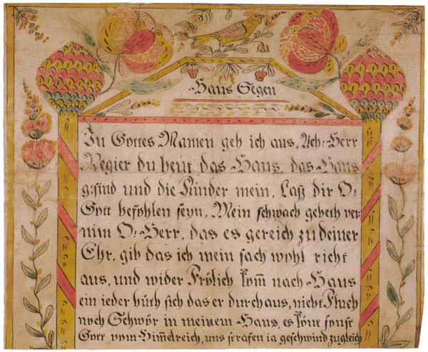 Ornate handwriting in German is surrounded by flowers in yellows and reds. 