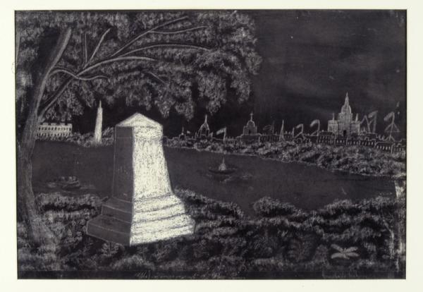 A charcoal drawing of a short obelisk marker in a park on the banks of a river.