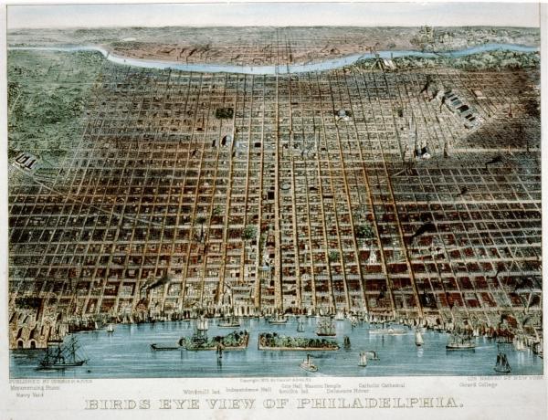 A color lithograph "bird's-eye-view" map showing the Delaware River and the city of Philadelphia. 