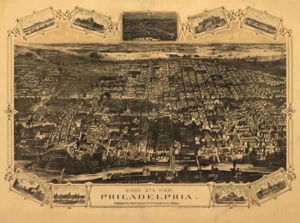 A black and white "bird's-eye-view" map of Philadelphia showing the Schulykill River in the foreground and the Delaware River in the background. Around the border of the map are etchings of some famous buildings of the city.