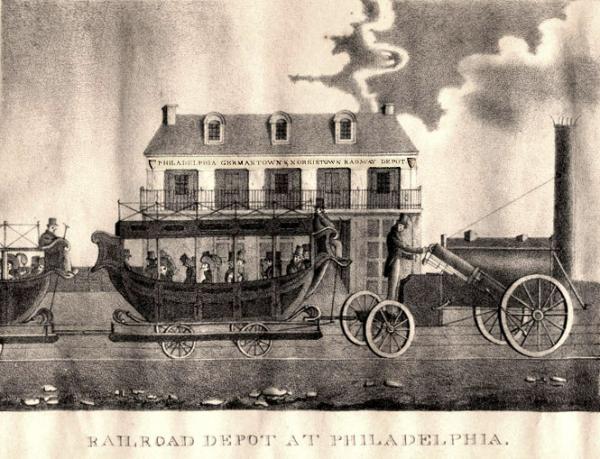 Railroad Depot at Philadelphia, Philadelphia, Germantown, Norristown Railway Depot. 
Lithograph, 1830, by William L. Breton.
