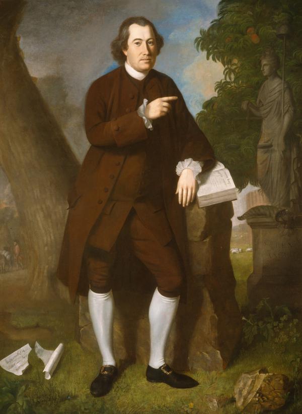 This portrait addresses two political issues. America's agricultural self-sufficiency, and her fair treatment. The first of these concepts is referred to in the background, which depicts Bordley's plantation on Wye Island in the Chesapeake Bay. A peach tree and a packhorse signify America's abundance, while the grazing sheep speak for freedom from imported, British woolens.  Bordley, trained as a lawyer, assumes an attitude of debate, raising his hand in a gesture of argumentation. He points to a statue of British Liberty holding the scales of justice reminding viewers that the colonists lived under British law and, thus, were entitled to the rights it guaranteed. That Britain had violated these rights is signified by the legal document, torn and discarded at Bordley's feet. A poisonous plant at the statue's base, the native American jimson weed, warns of the deadly consequences of any attack on American civil liberties. 
 