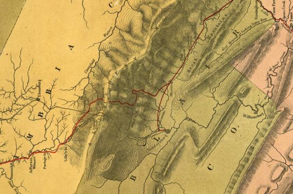 1855 map of Altoona and the mountain ridges crossed by the railroad.
