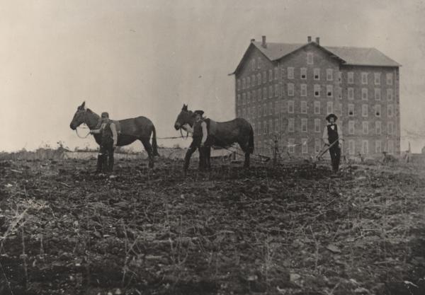 A building sits in the background and young farmers with a horse and plow pose in the foreground.