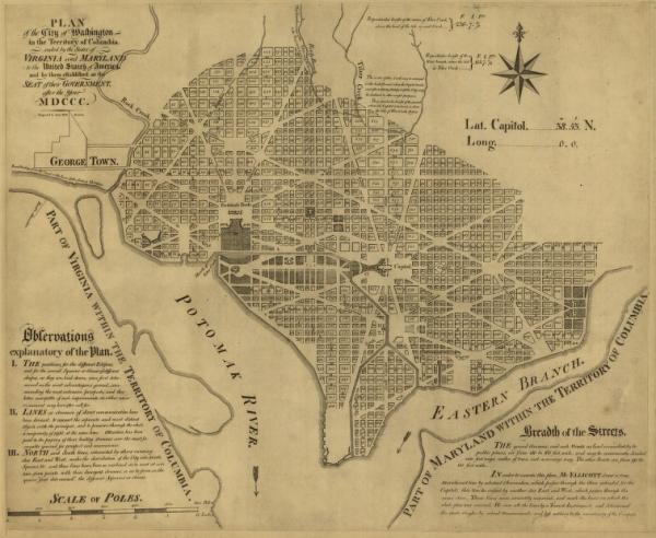 Plan of the city of Washington in the territory of Columbia : ceded by the states of Virginia and Maryland to the United States of America, and by them established as the seat of their government, after the year MDCCC / engrav'd by Sam'l Hill, Boston ; in order to execute this plan, Mr. Ellicott drew a true meridional line ... [Boston : s.n., 1792]