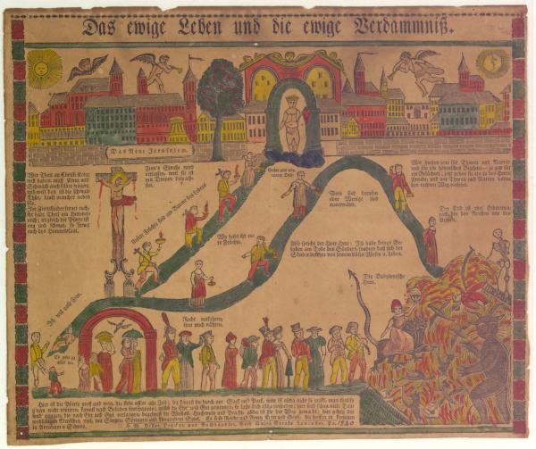 A colorful Fraktur depicting Christians ascending a steep path to a New Jerusalem that resembles a medieval German city.  Some souls almost reached the throne of God (in the center), but wavered at the end. Their fate is the hellfire where soldiers, musicians, a Jewish peddler, and other sinners are marching to meet the devil after passing "die Babylonische Hure"[FIX ME ’–"“”]the whore of Babylon–who is holding the Pope's crown. 