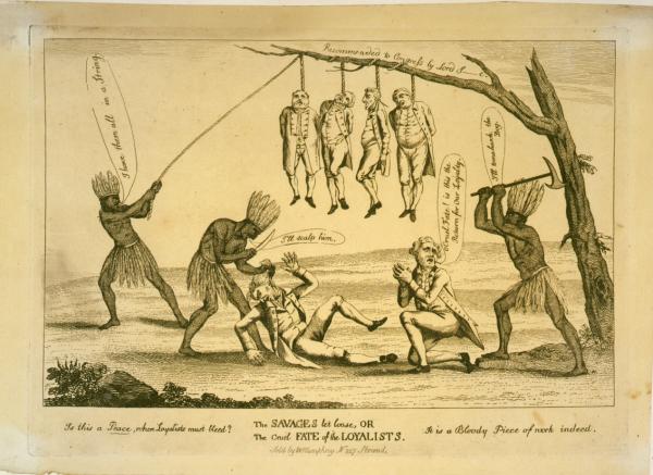 British etching from 1783. Cartoon shows three Natives, representing America, murdering six loyalists, four are being hung, one is about to be scalped, and the last, appealing to Fate, is about to be killed by an ax-wielding Native.
