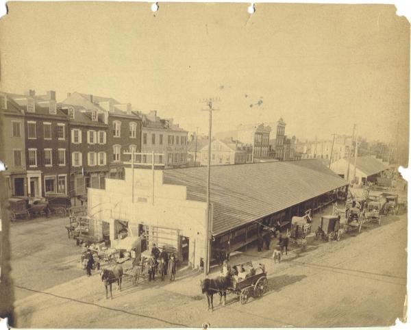 Picture of Market Houses in Harrisburg, Pa. Horse and carriages.