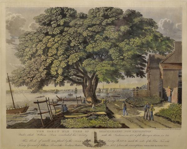 The giant elm tree where Native Americans may have met with William Penn became iconic to the founding of Pennsylvania. Known as the "Treaty Elm," it is depicted here in a watercolor by George Lehman.
