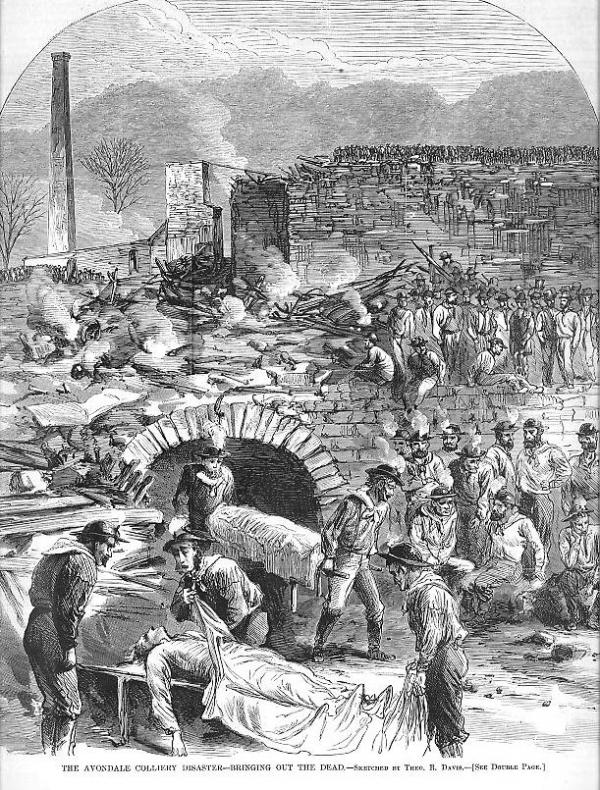 This sketch of the rescue efforts at the Avondale Colliery appeared in Harpers Weekly in 1869. Over one hundred men and boys died in the Avondale Mine Disaster.