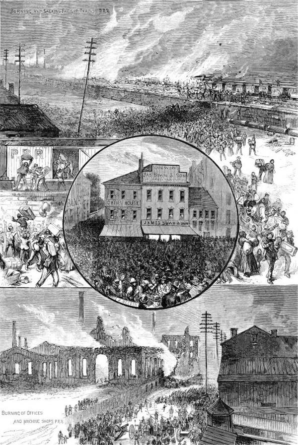 A central image of the mass mob burning the Machine Shops during the strike, surrounded by other strike images.