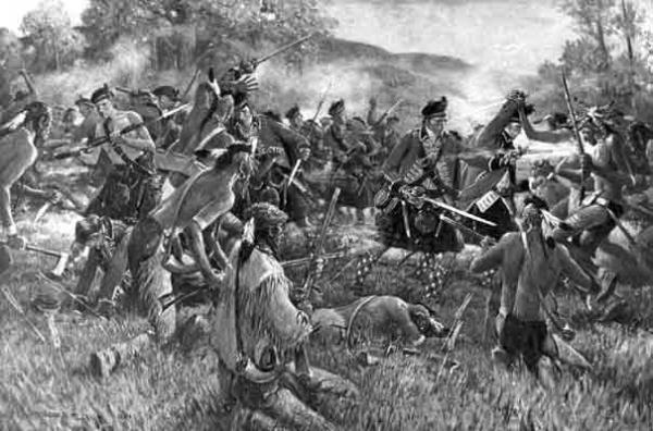 This battle scene shows Colonel Bouquet's forces fighting the Indians, after luring them into the open by faking a retreat.