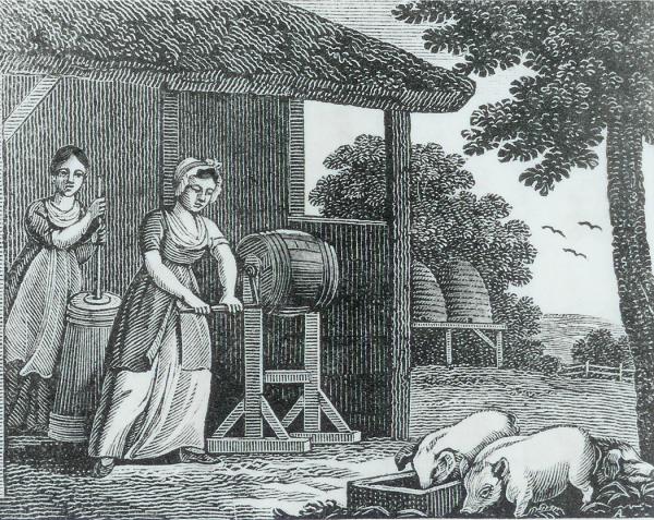 Woodcut of woman in Progress of the Dairy (1819) Image of a woman at a churn.    