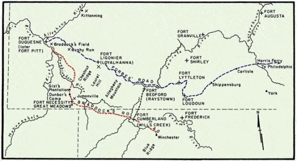 This map shows both Braddock's Road (red) and Forbes' Road (blue), with the positions of various forts and battles along the way. 