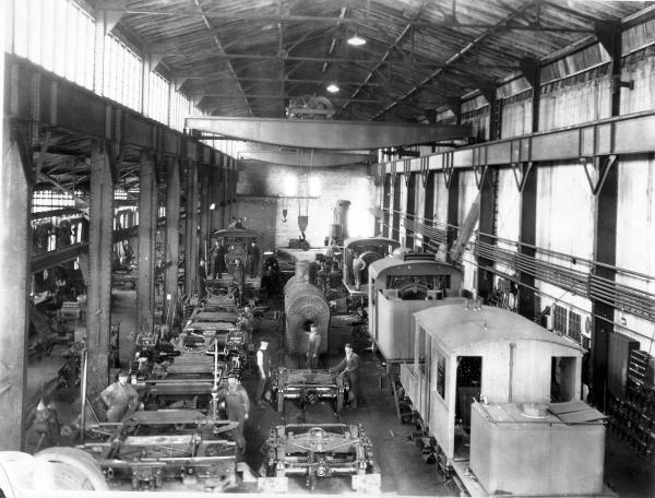 Interior of Climax factory, showing locomotives. 
