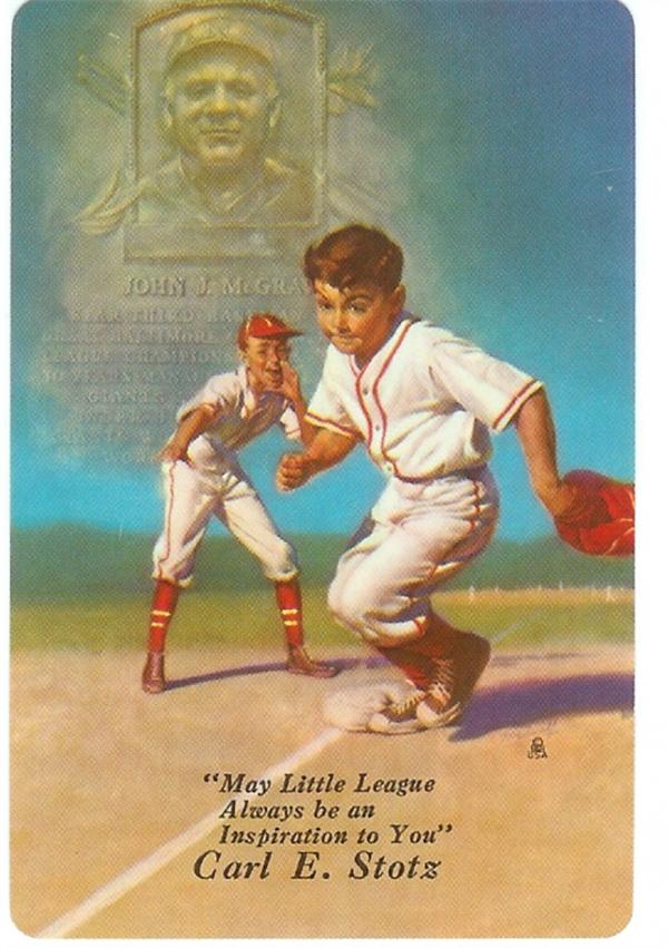 Color image of a runner and fielder. Inscription "May Little League Baseball be an inspiration to You." 