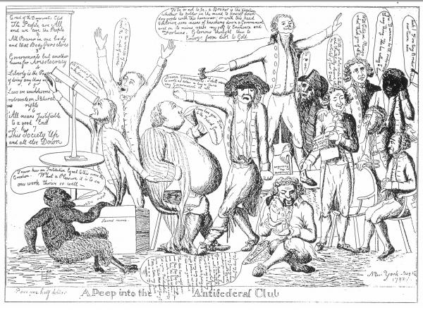 Satire of an Anti-Federalist Club reflecting the Federalists characterizations of the clubs as atheistic, secret societies with a debased membership that promoted revolutionary action and mob rule. Thomas Jefferson, a founder and leader of the Democratic-Republicans, stands on the table as he orates to club members including: a Citizen Genet, a supporter of Edmond Genet, the minister of the French Republic who promoted the principles of the French Revolution for America; naval hero and New York radical Commodore Livingston; Philadelphia astronomer David Rittenhouse peering through his telescope at a satire of the "Creed of the Democratic Party;" the devil; an obese drunkard damning the Federal Government; New York Governor DeWitt Clinton, and an African American referred to by another member as "Citizen Mungo."