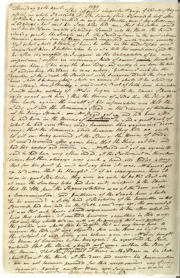 Page from Journal of William Maclay, April 30, 1789, [original journal].
