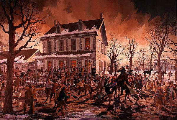 The acrylic on canvas painting, dramatizes the events of March 6, 1799. The tax resistors had marched from Milford to Quakertown where they confronted the tax assessors. Assessor Everard Foulke is being pulled from his horse by Daniel Fries, John Getman and George Mumbauer while the tax protesters jeer. William Thomas, Jacob and John Hoover are depicted in front of the tavern; Frederick Heaney, John Fries, Capt. Kouder and Conrad Marks stand on the tavern's porch. Assessor Chephas Childs attempts an escape. 