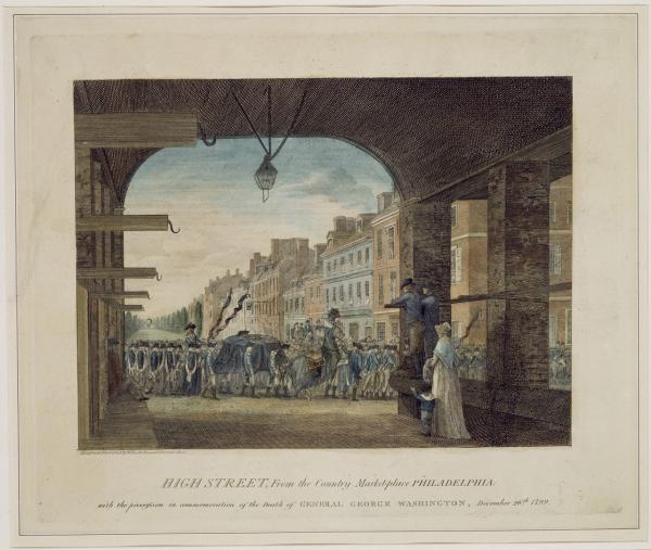 View on Fourth Street above Market Street showing the funeral procession instituted by a congressional decree in honor of the first president. Depicts a riderless horse, pallbearers carrying a draped empty bier adorned with swords and tricorn hat, and several other parade participants, including members of Congress and militia volunteers, slowly moving passed several mourning spectators. Mourners line the street, watch from the windows of several buildings, and stand within a market shed, including a woman and child and a weeping veteran in uniform.
