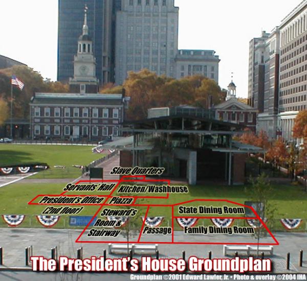 NPS archaeologist Jed Levin and IHA historian Ed Lawler marked the full-sized outline of the President's House in the entrance plaza of the Liberty Bell Center for an October 30, 2004 public forum on the site.
