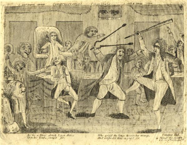Political cartoon depicting the battle on the floor of the House. 
