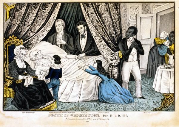 Family, friends, physician, and domestics gather around Washington's death bed.