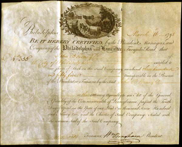 <i> Stock Certificate on parchment, Philadelphia and Lancaster Turnpike Road Company</i>,  No. 355, March 16, 1795.