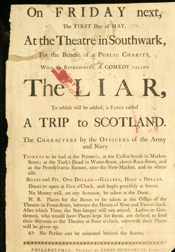 Flyer, 1778, Southwark  Theatre Performance, Philadelphia.