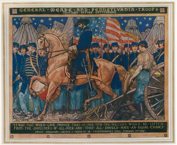 Mural painting of <i>General Meade and Pennsylvania troops in camp before Gettysburg,</i> by Violet Oakley, depicts General Meade sitting in full uniform astride his steed. To the left of the painting a young soldier leans against a cannon and in the background soldiers are standing at attention in front of their tents. The American Flag waves directly behind Meade.  