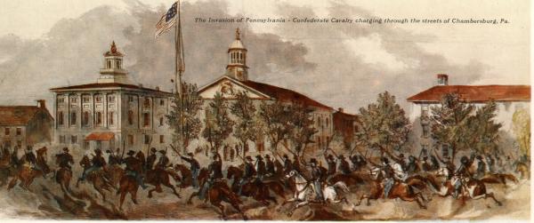Confederate troops charging Chambersburg.