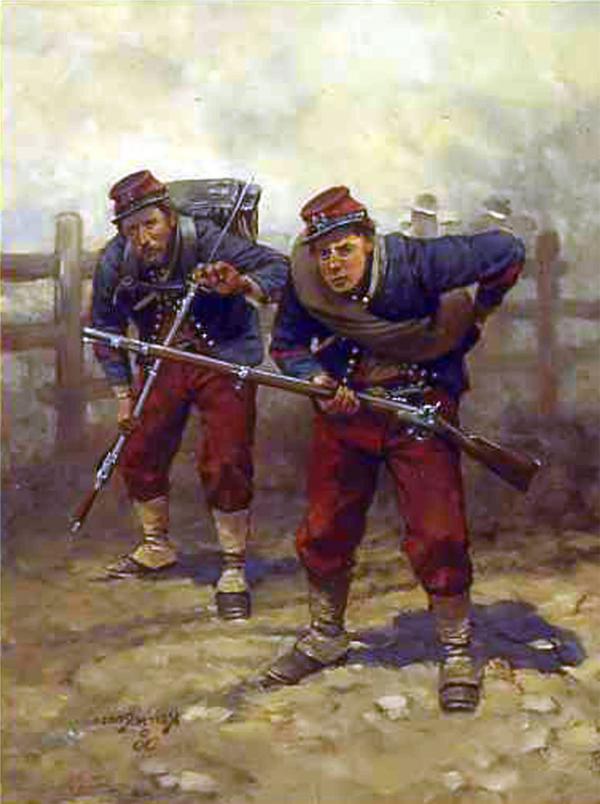This painting depicts two 14th   Brooklyn soldiers in the distinctive uniform design based on that of the French Chasseurs.  The uniform consisted of pleated red trousers and a skirted blue chasseur jacket.  A double row of fourteen or fifteen brass buttons adorned the front of the jacket. Under the jacket, a fifteen-button red waistcoat, or vest, was worn.  Red chevrons were worn on the forearms of both sleeves.  The men wore white leggings or gaiters; the outfit topped off with a red kepi with a blue band and crown upon which the number 14 shone in brass numerals.  White gloves and paper collars were worn for dress parade. 