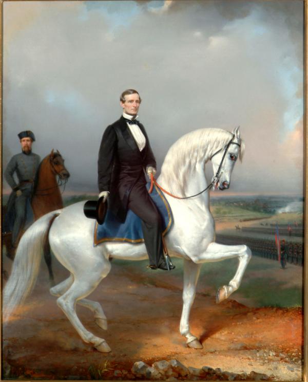 Oil on canvas of Jefferson Davis on horseback.