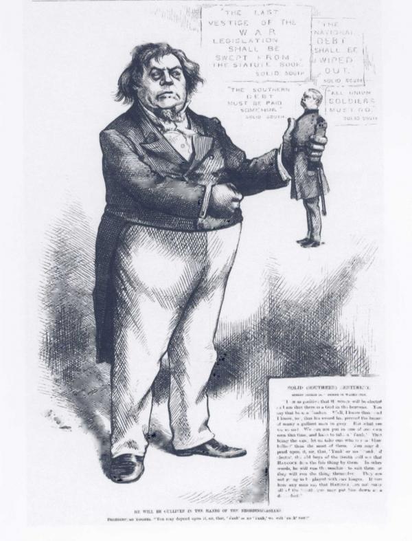 Cartoon drawing with Hancock as a puppet, by Thomas Nast. 